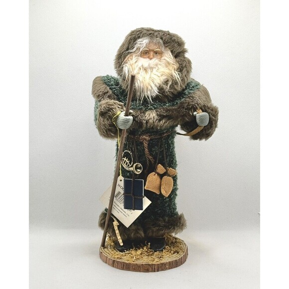 Woodland Santa Figure Green Coat Basket Of Toys and Beard Earthy Rustic Decor - Picture 1 of 12